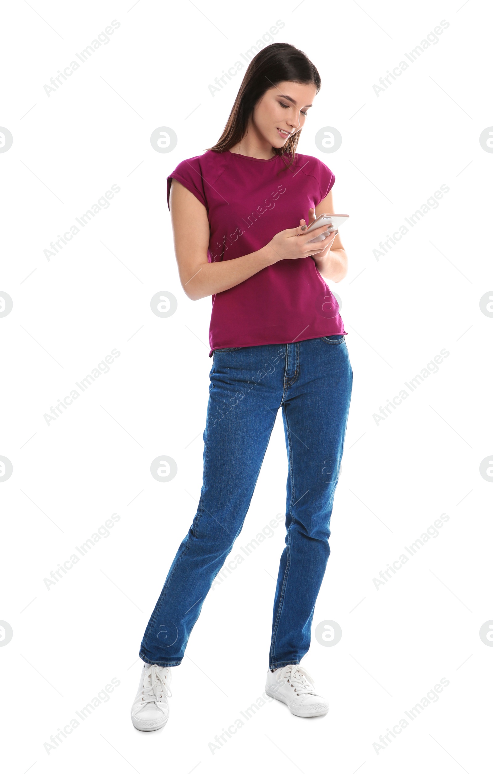 Photo of Beautiful young woman with mobile phone on white background