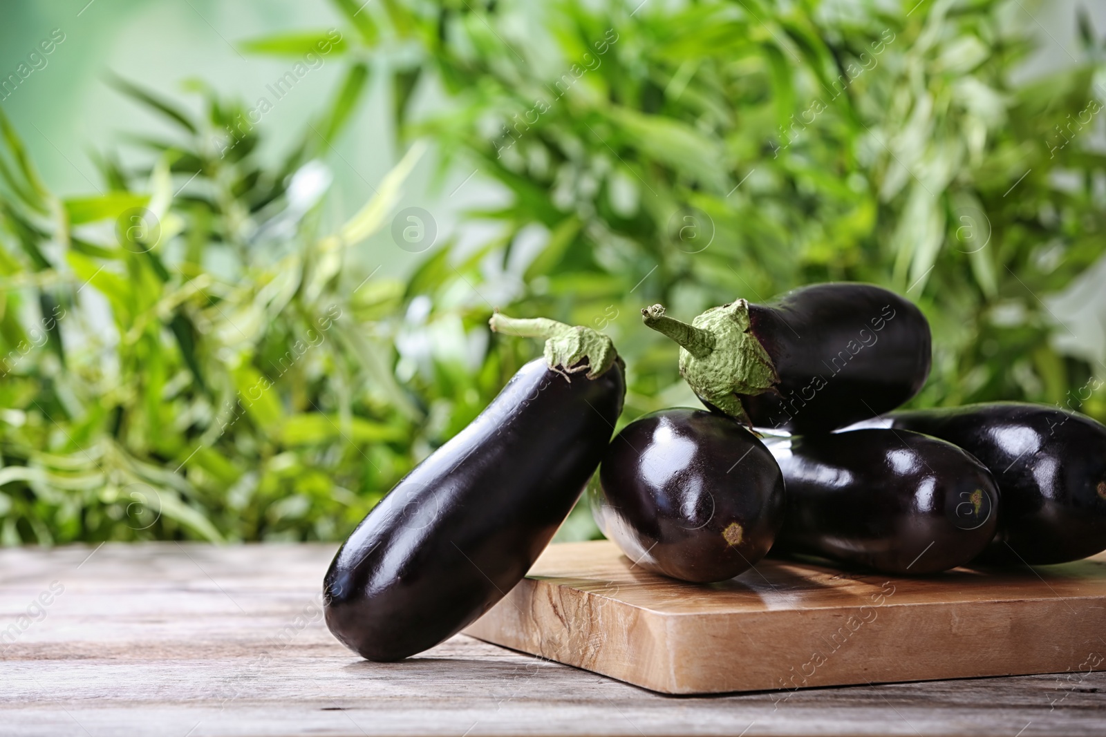 Photo of Board with ripe eggplants on table against blurred background