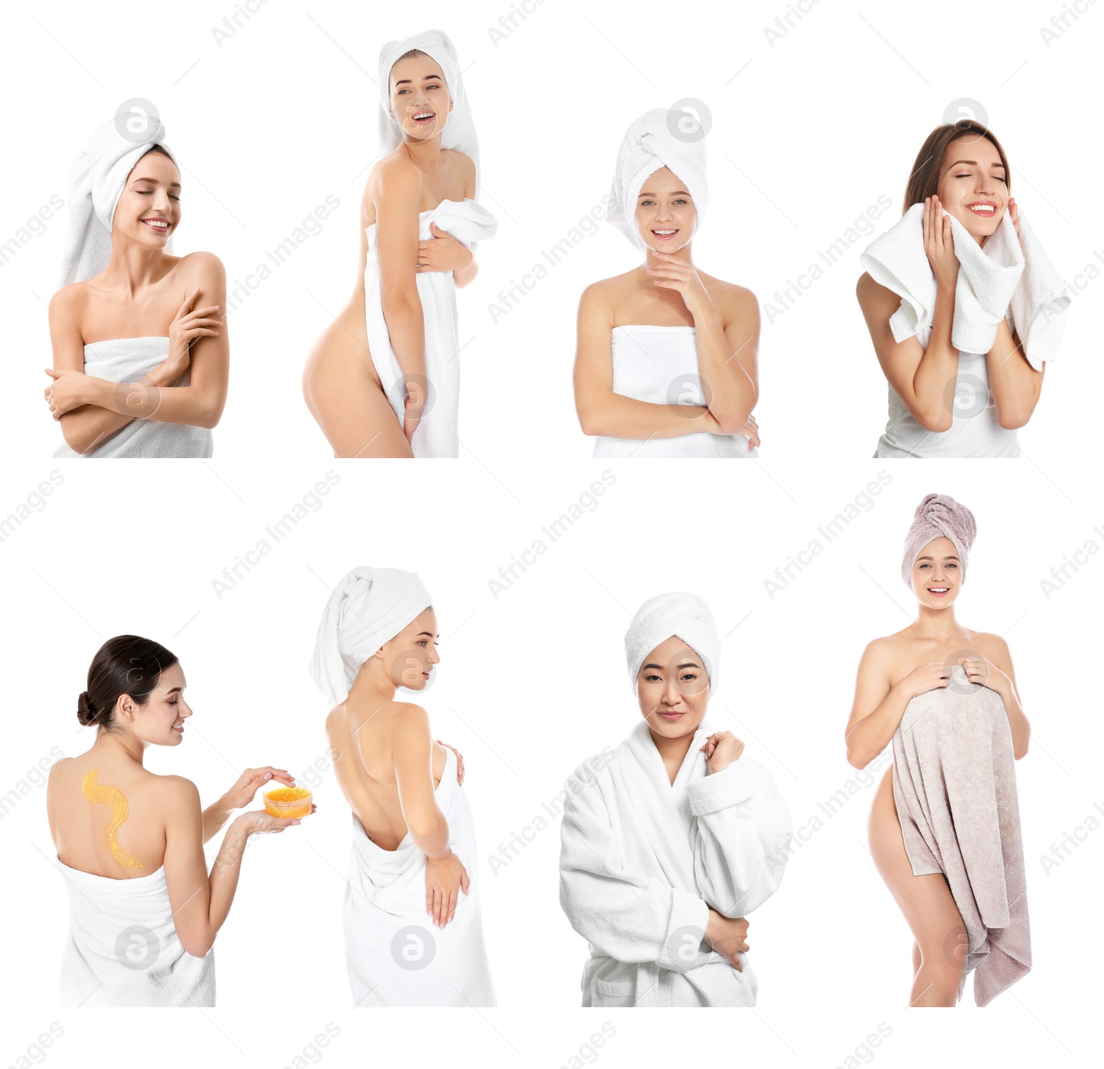 Image of Beautiful women with towels on white background, collage