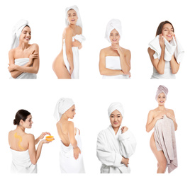 Beautiful women with towels on white background, collage