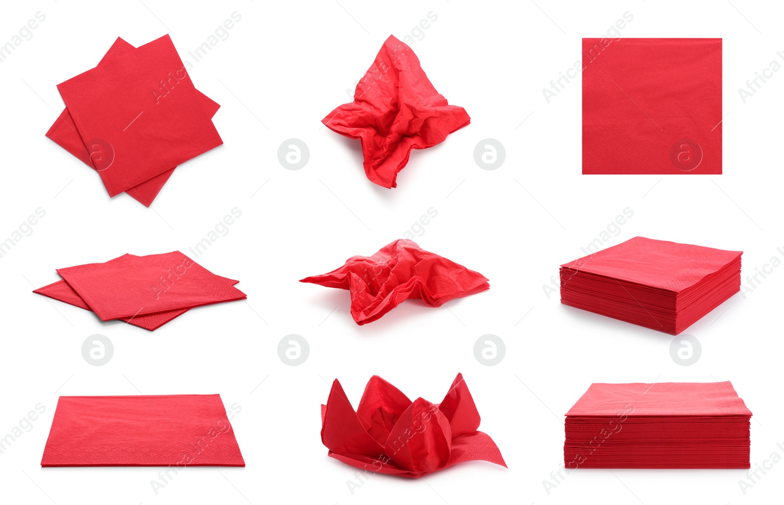 Image of Set with red paper napkins on white background