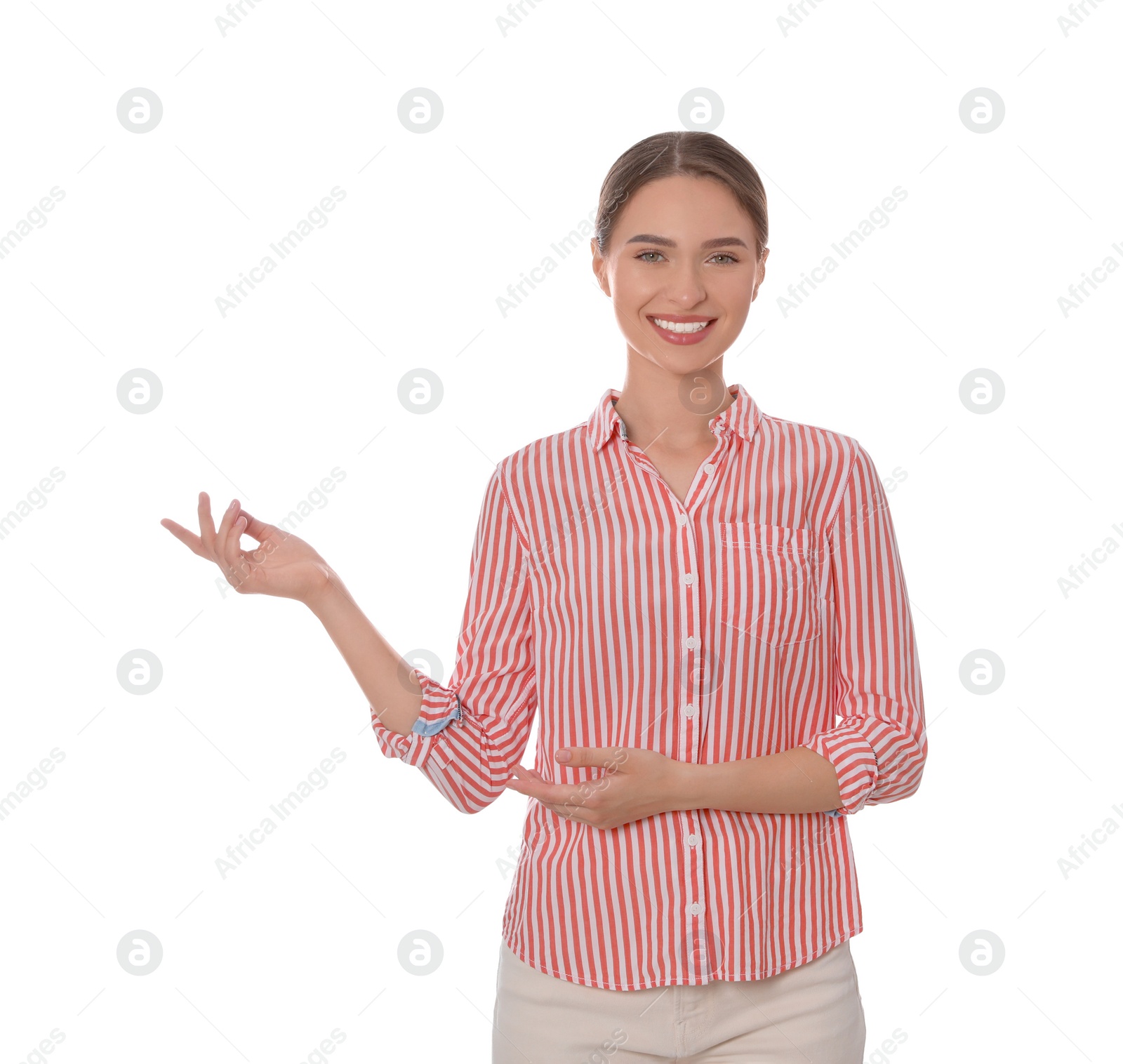 Photo of Beautiful woman showing something on white background. Weather forecast reporter