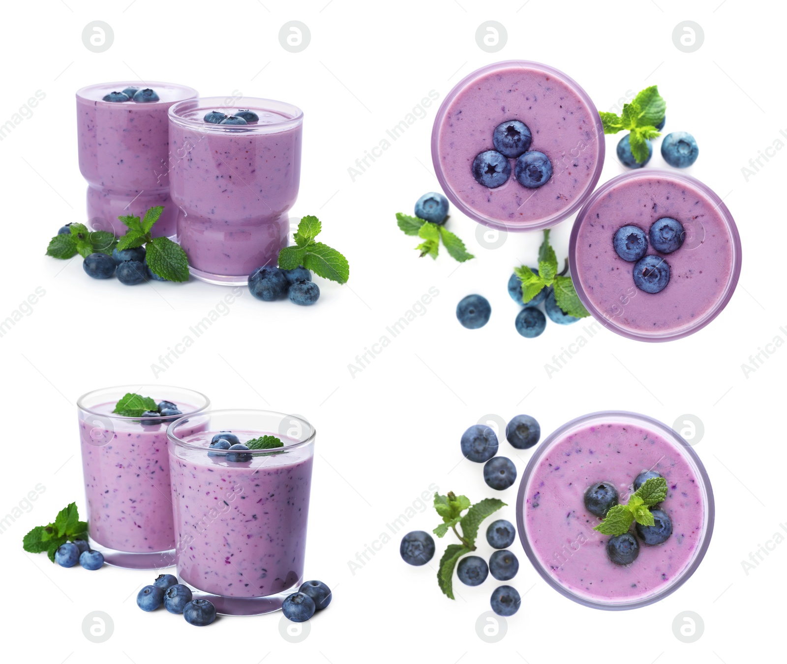 Image of Set with glasses of blueberry smoothie, fresh berries and mint on white background