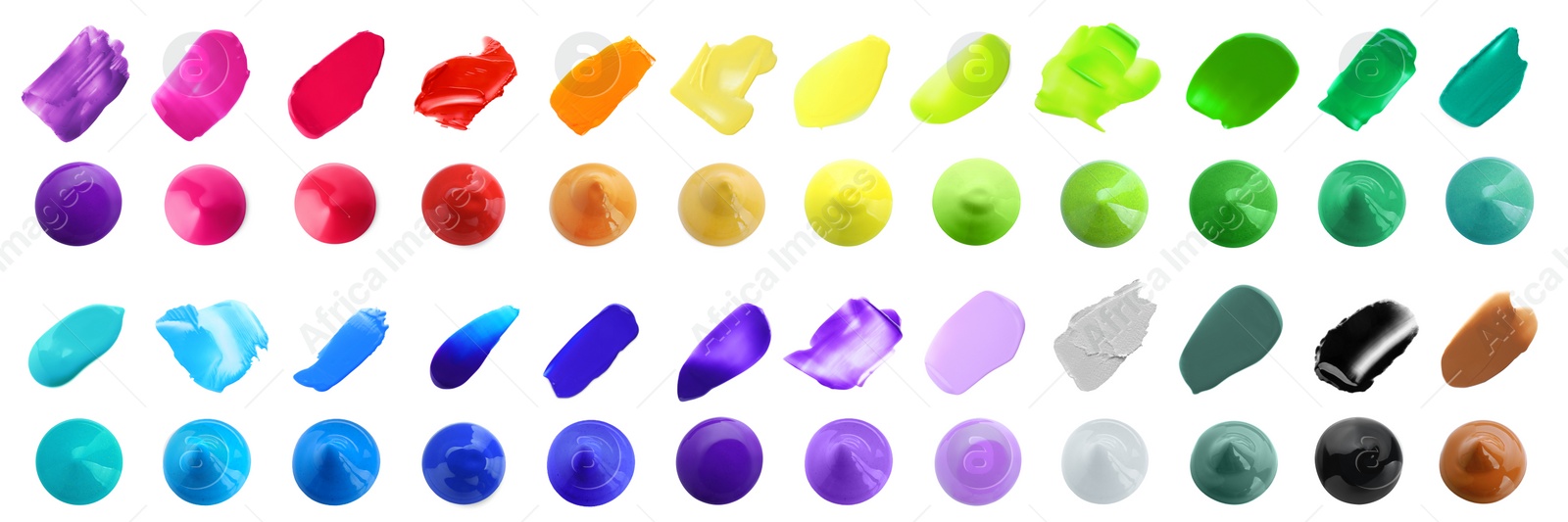 Image of Set with paint samples of different colors isolated on white, top view