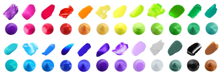 Image of Set with paint samples of different colors isolated on white, top view