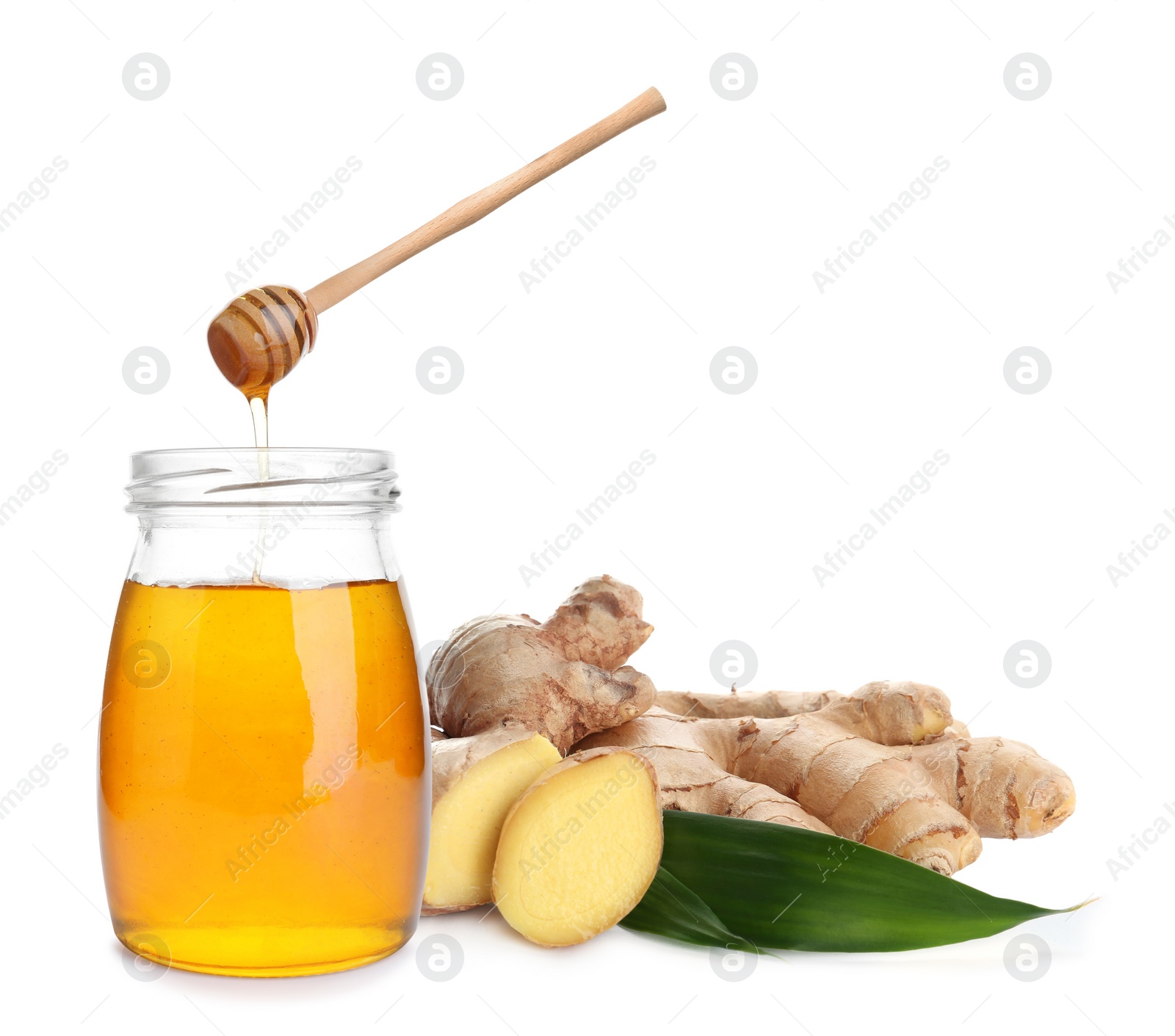 Image of Ginger root and honey on white background