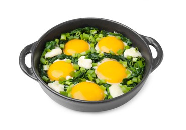 Photo of Frying pan with green shakshuka isolated on white
