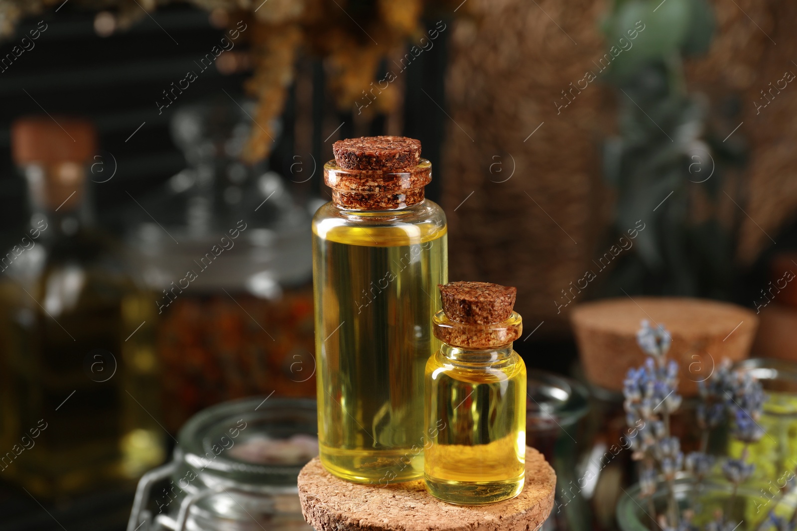 Photo of Bottles with herbal essential oils on blurred background