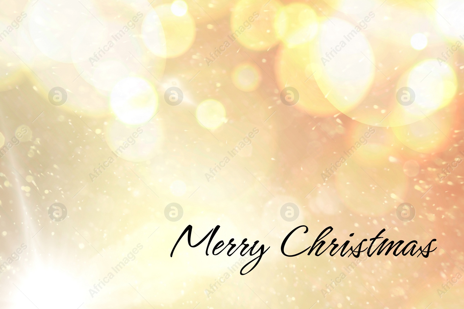 Image of Greeting card with phrase Merry Christmas on background with golden blurred lights