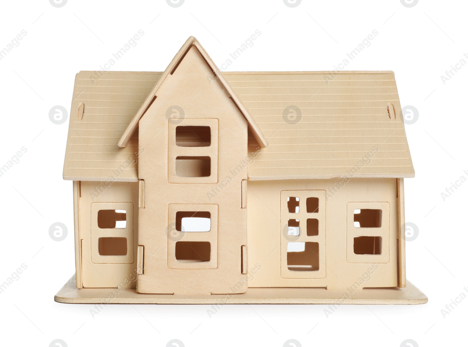 Photo of Wooden house model isolated on white. Saving money concept