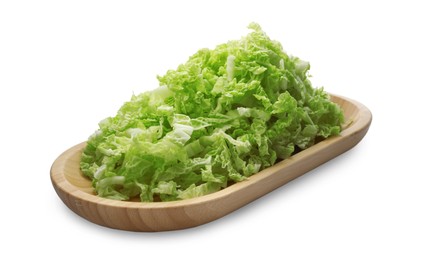 Photo of Wooden board with pile of chopped Chinese cabbage on white background