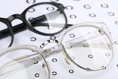 Photo of Vision test chart and different glasses, closeup