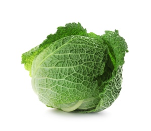 Photo of Fresh green savoy cabbage on white background