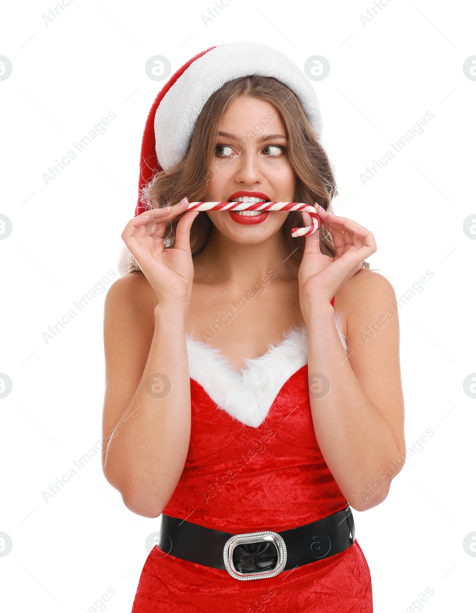 Photo of Beautiful Santa girl with candy cane on white background. Christmas celebration