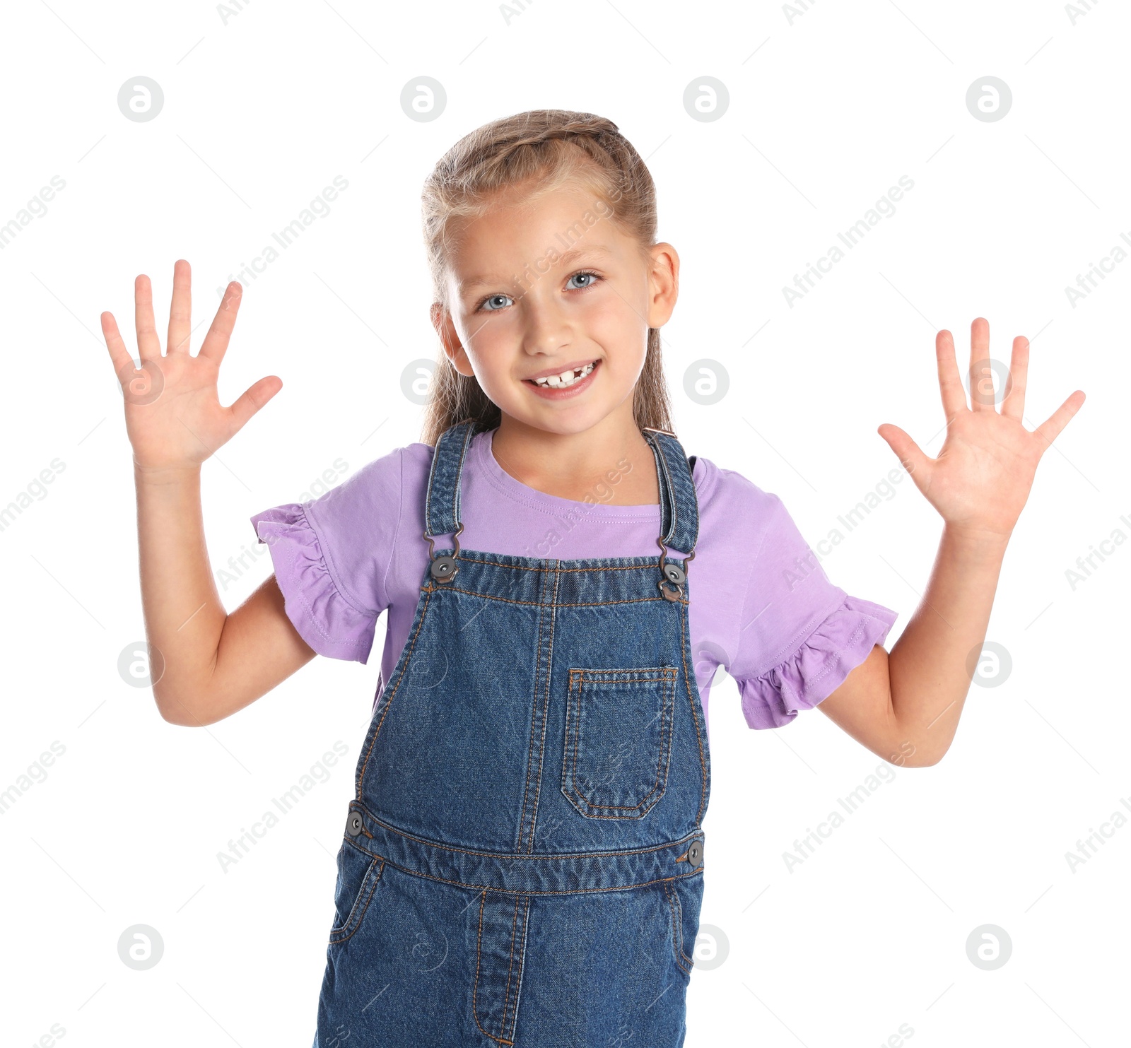 Photo of Portrait of adorable little girl on white background