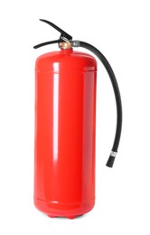 Photo of One red fire extinguisher on white background