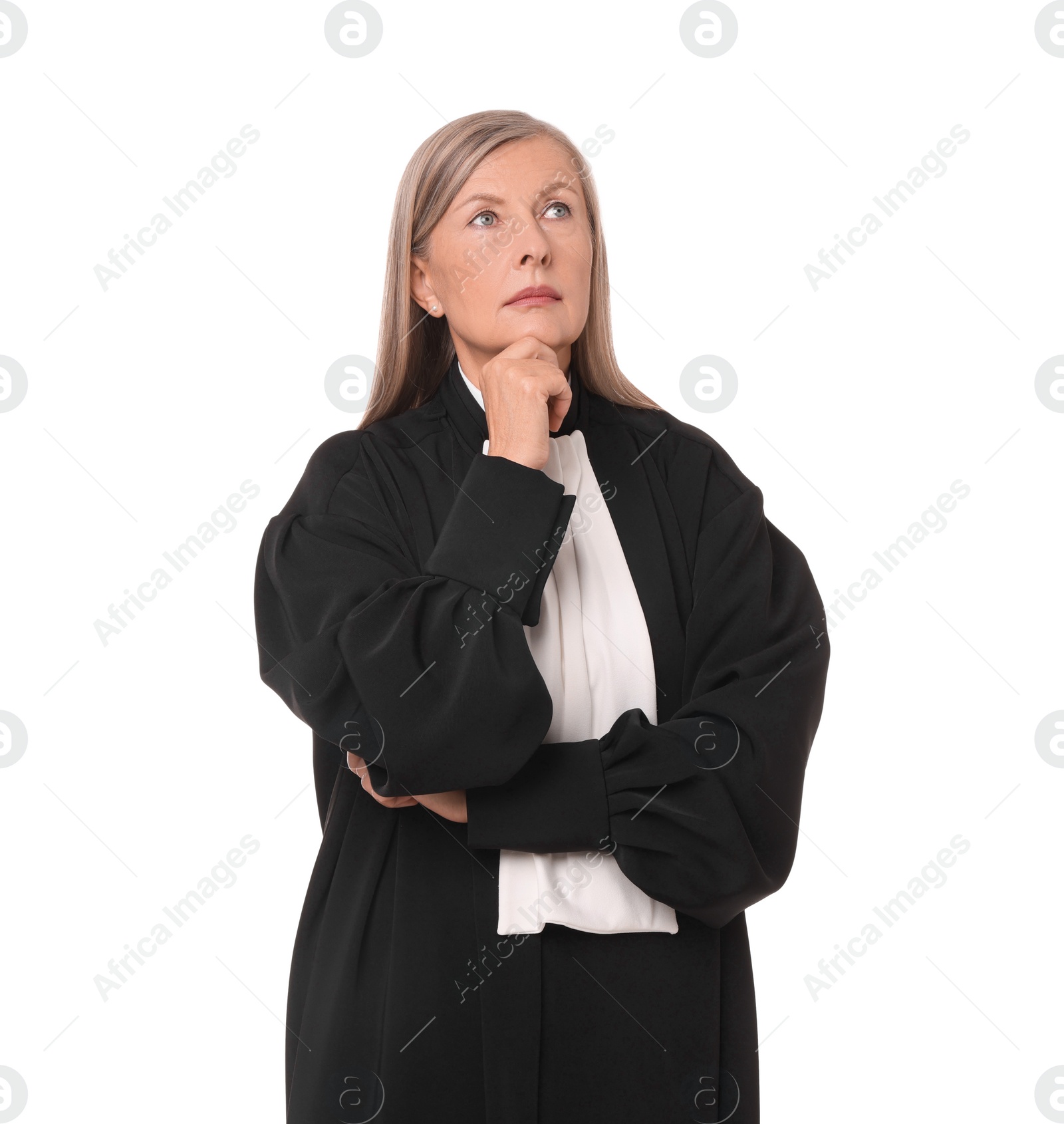 Photo of Beautiful senior judge in court dress on white background