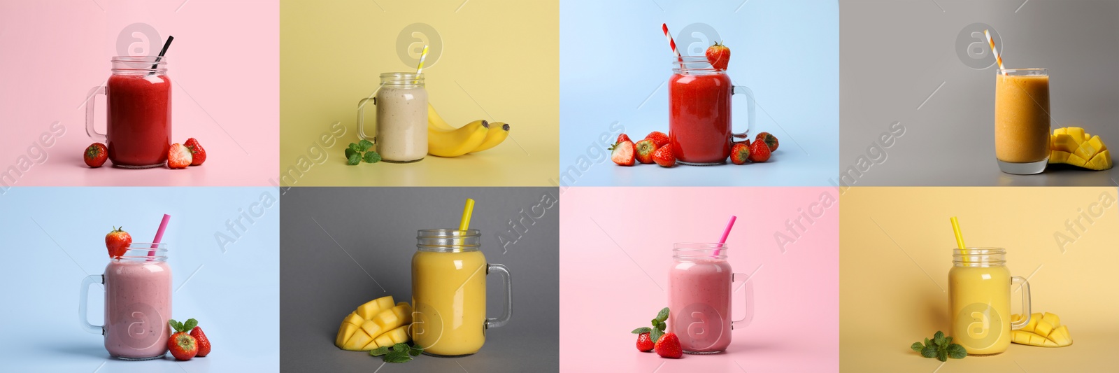 Image of Collage with various smoothies on different color backgrounds. Banner design