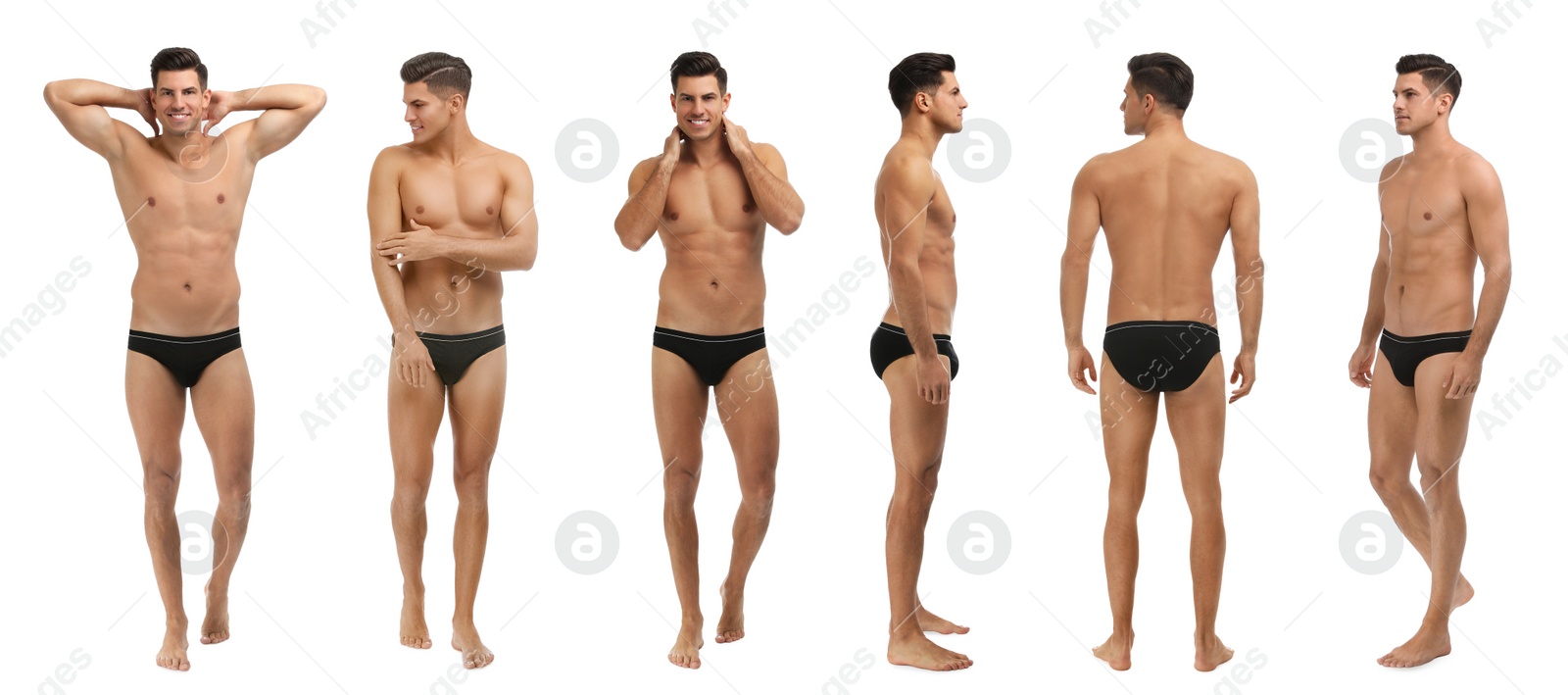 Image of Collage of man in underwear on white background