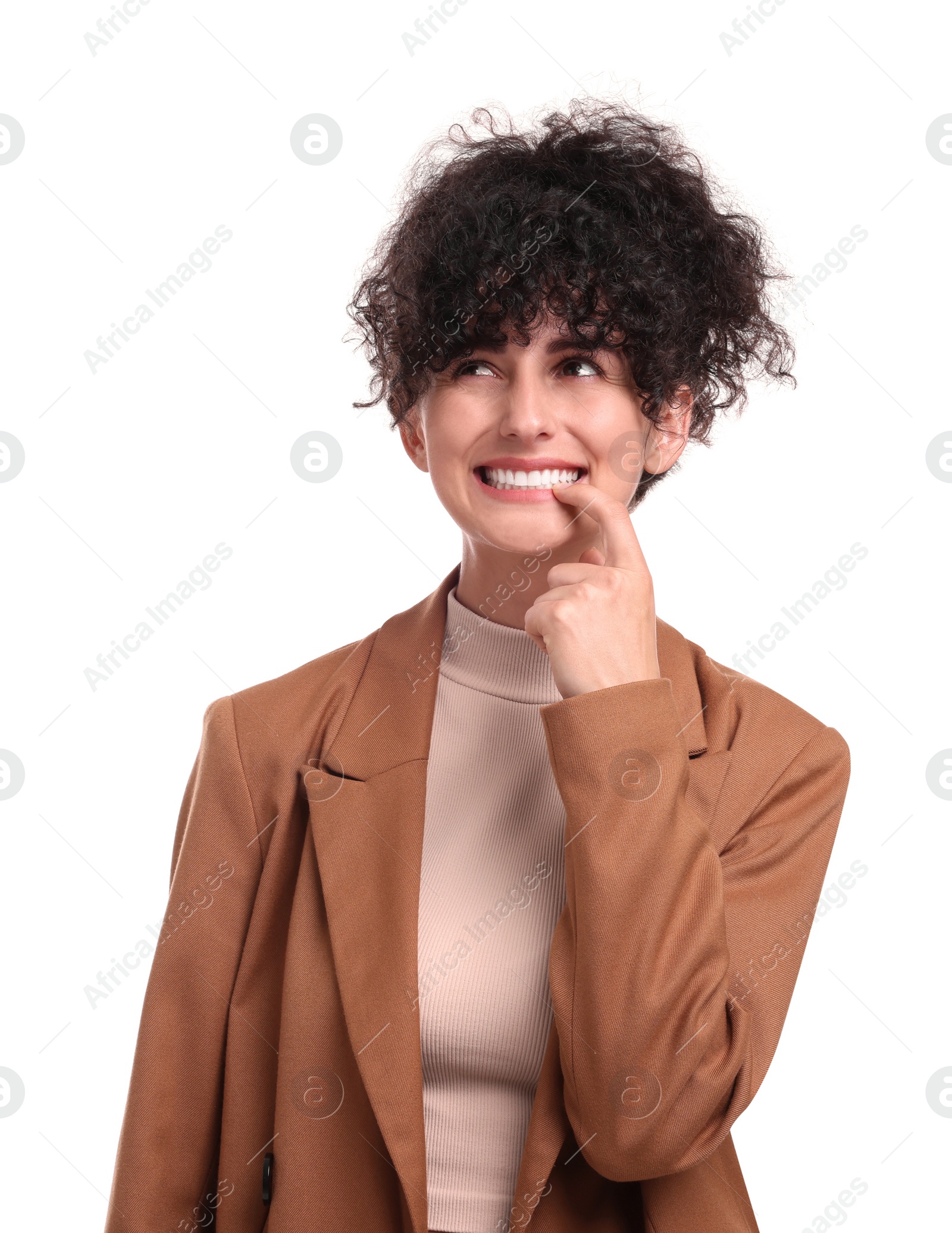 Photo of Beautiful young businesswoman in suit on white background