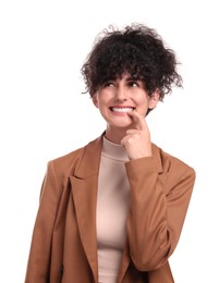 Beautiful young businesswoman in suit on white background