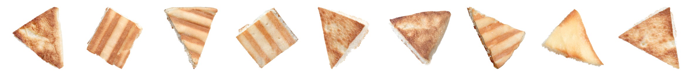 Image of Set with delicious crispy pita chips on white background. Banner design