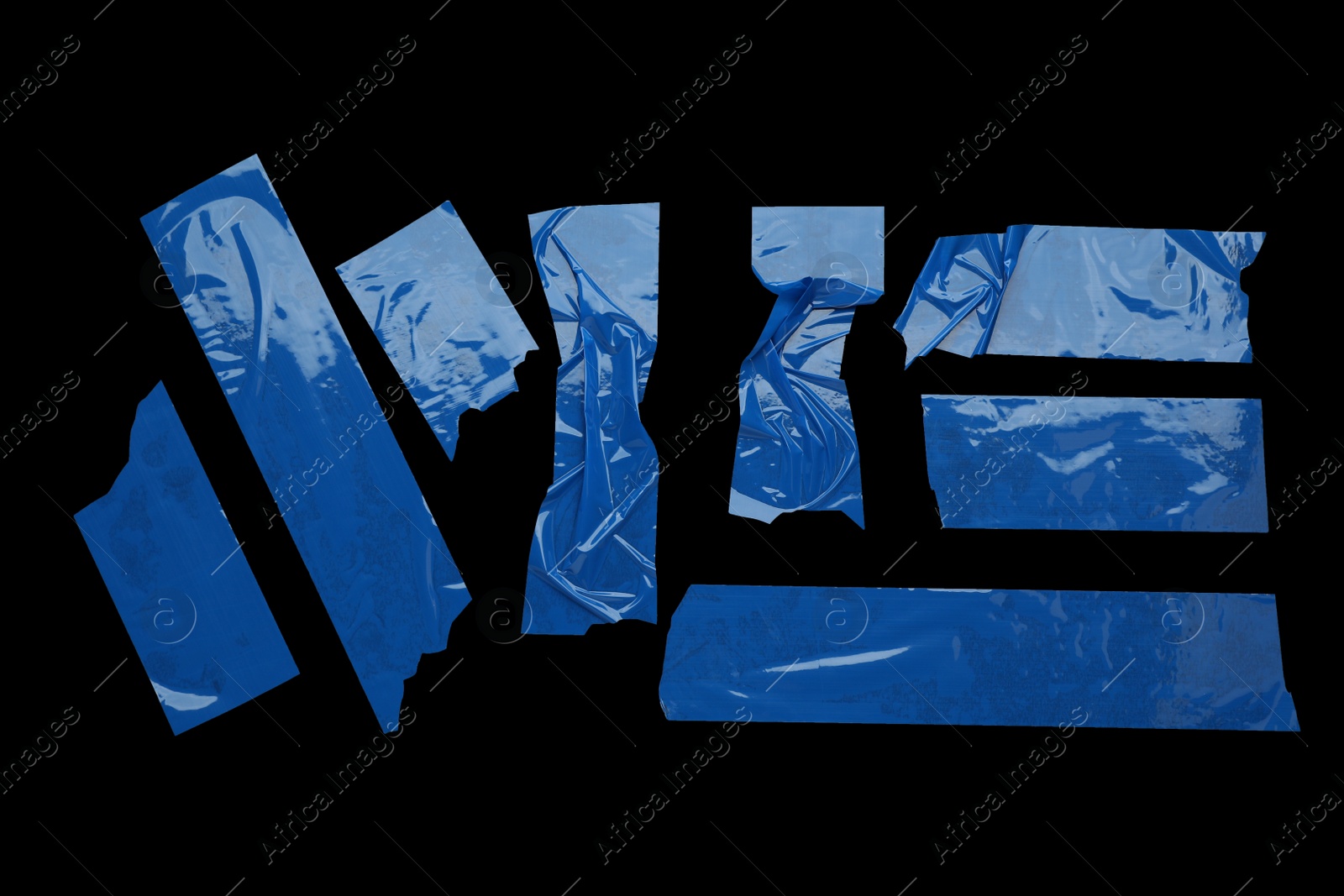 Photo of Many pieces of blue adhesive tape on black background, flat lay