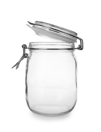 Photo of Empty glass jar on white background