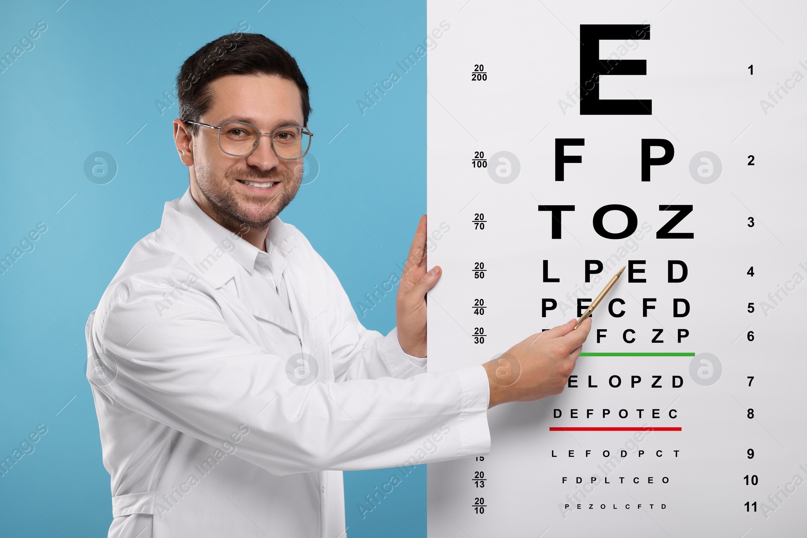 Image of Ophthalmologist pointing at vision test chart on light blue background
