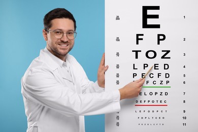 Ophthalmologist pointing at vision test chart on light blue background