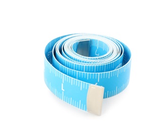 Photo of Light blue measuring tape isolated on white