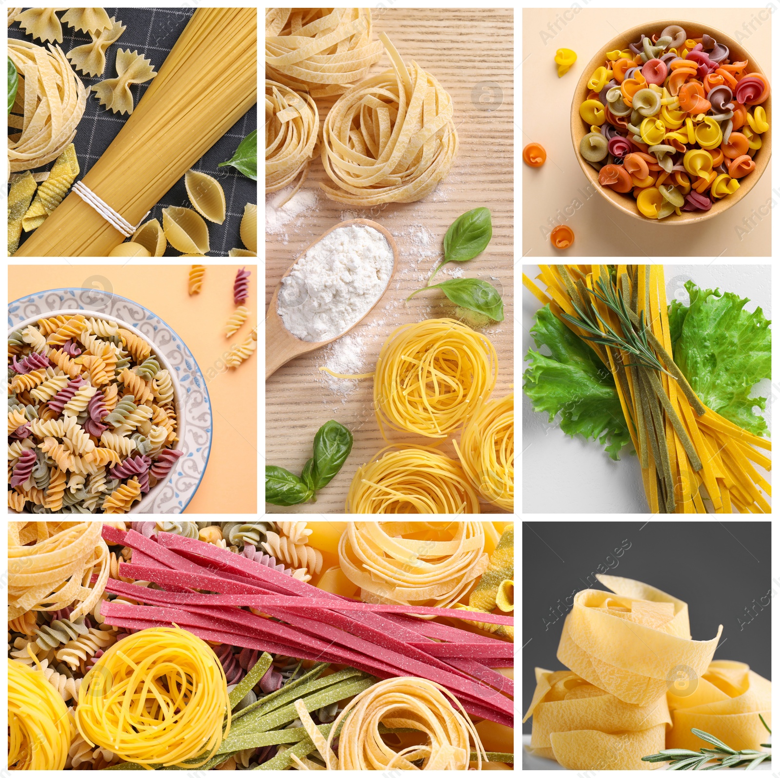 Image of Different types of uncooked pasta. Photo collage