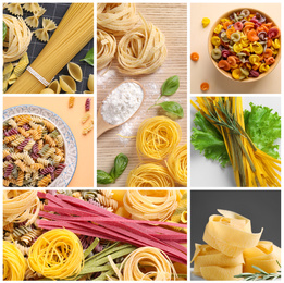 Image of Different types of uncooked pasta. Photo collage