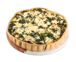 Delicious homemade spinach quiche isolated on white