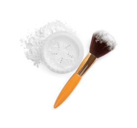 Photo of Rice face powder and brush on white background, top view. Natural cosmetic