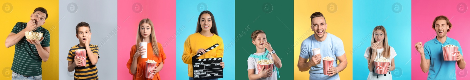 Image of Cinema visiting. Collage with photos of different people on color backgrounds, banner design