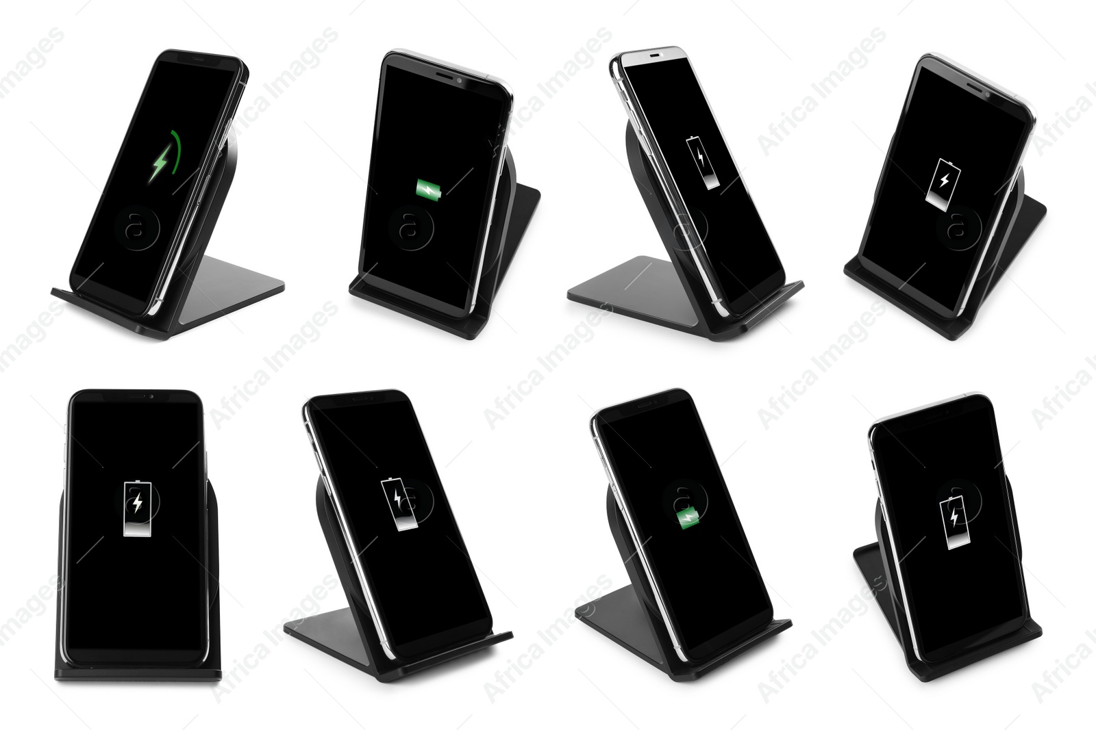 Image of Collage with wireless chargers and smartphones on white background