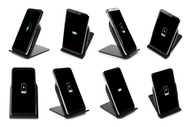 Image of Collage with wireless chargers and smartphones on white background