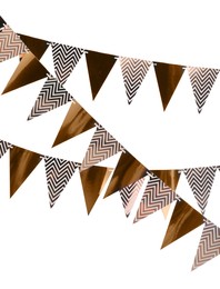 Photo of Rows of triangular bunting flags on white background. Festive decor