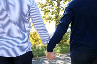 Photo of Gay couple holding hands outdoors, closeup view