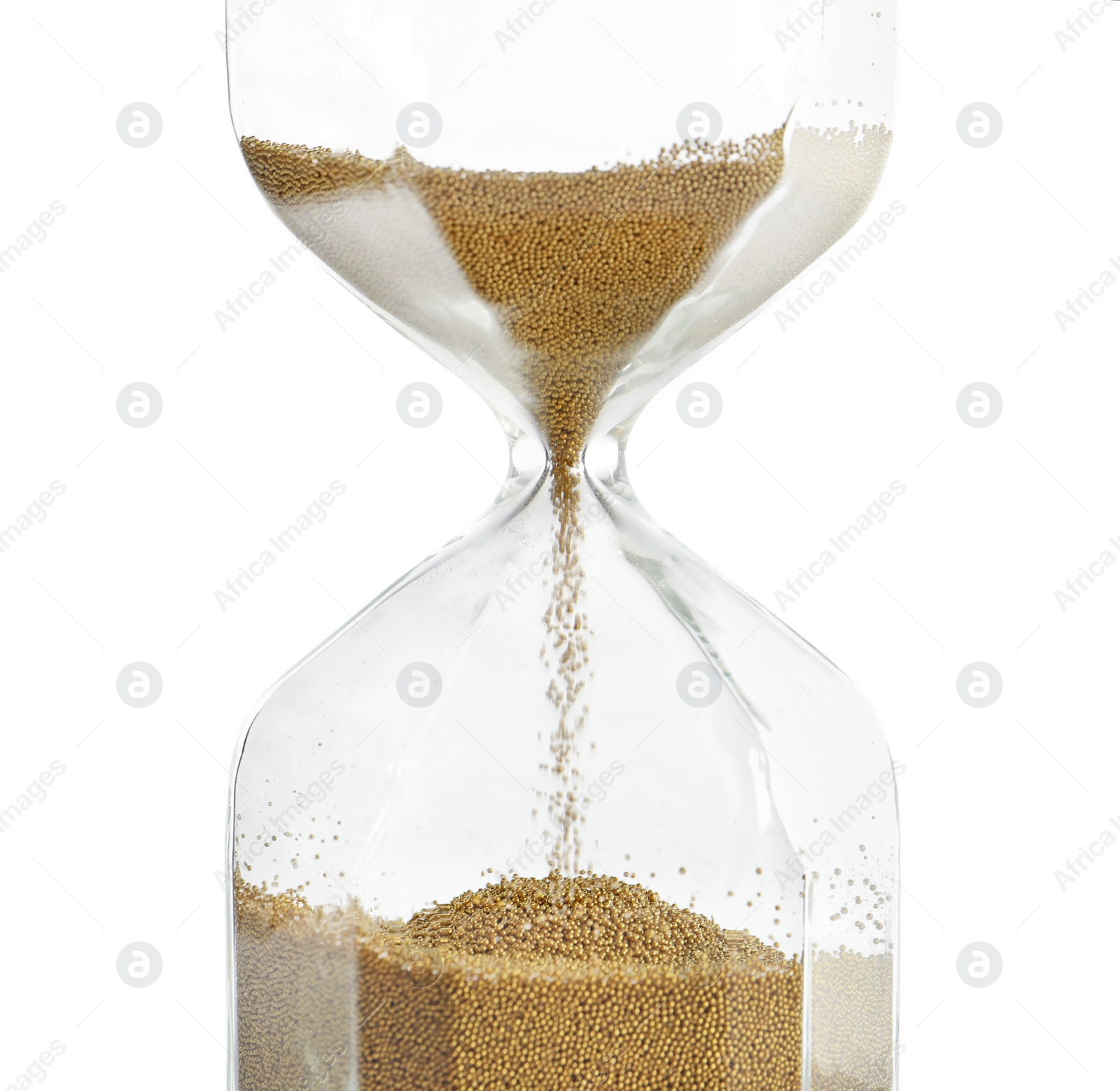 Photo of Hourglass with flowing sand on white background. Time management