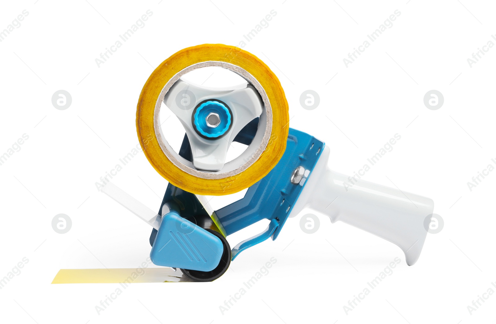 Photo of Handheld dispenser with roll of adhesive tape isolated on white