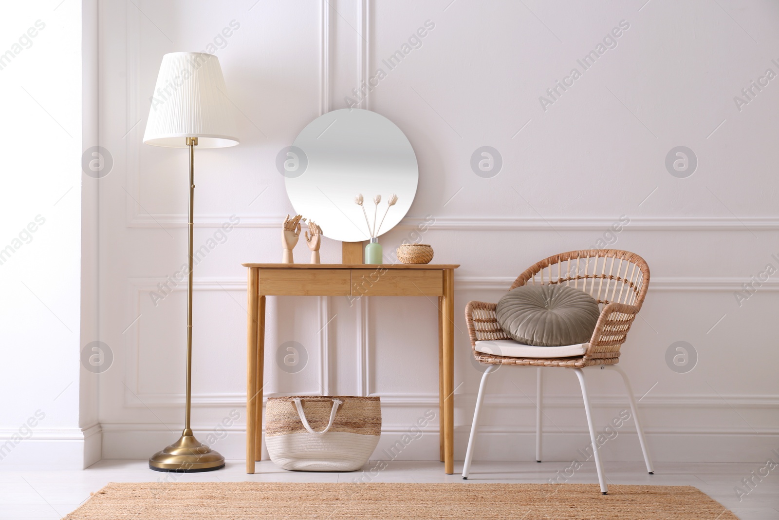 Photo of Elegant room interior with console table and floor lamp