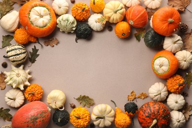 Frame made of different ripe pumpkins and dry leaves on light grey background, flat lay. Space for text