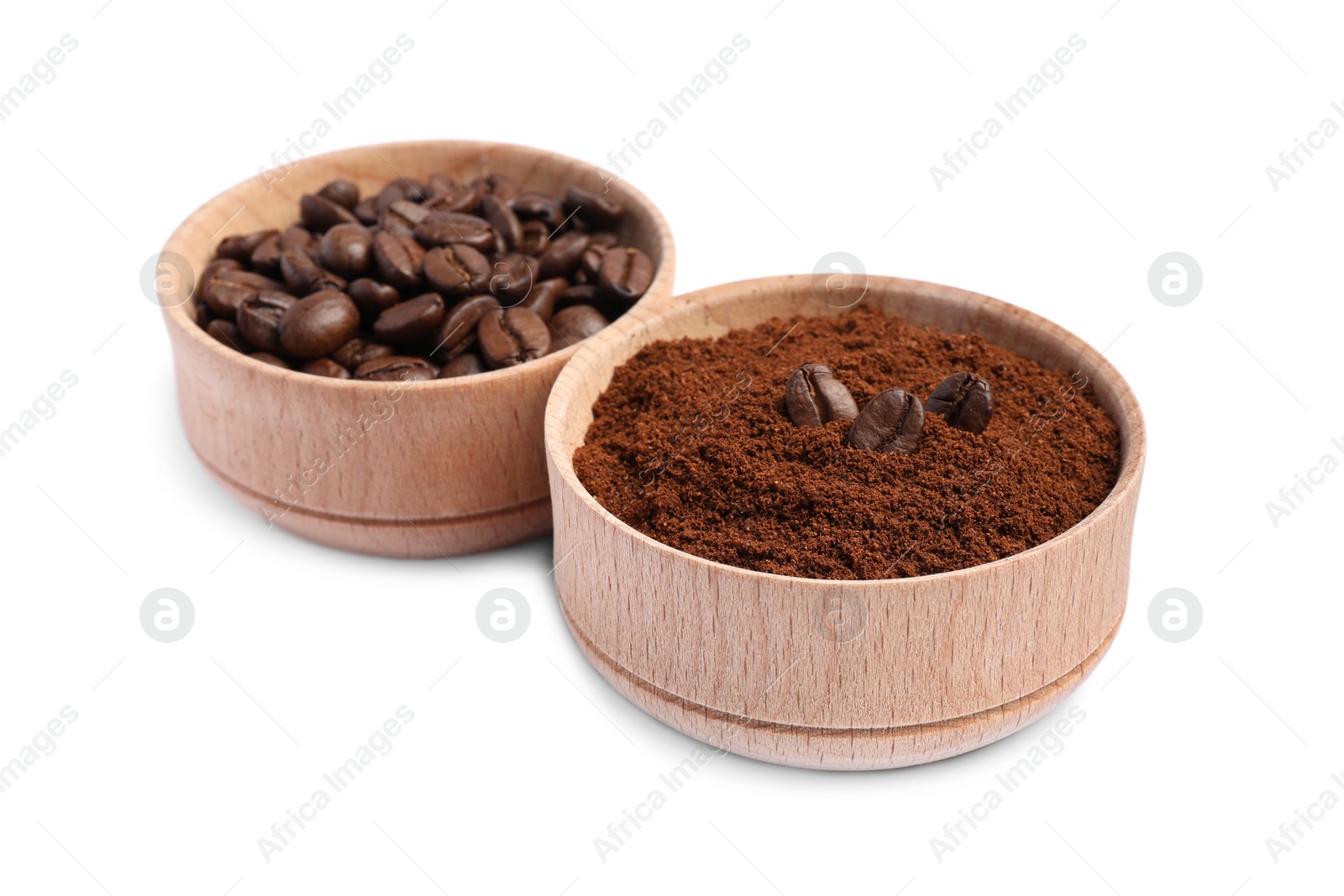 Photo of Bowls of ground coffee and beans on white background