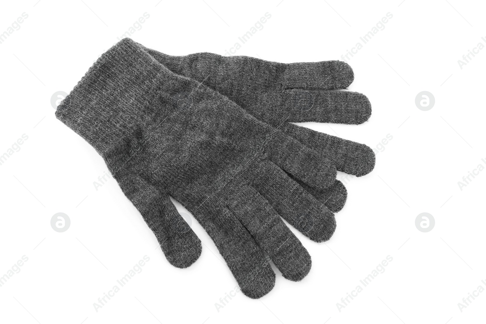 Photo of Grey woolen gloves on white background, top view. Winter clothes
