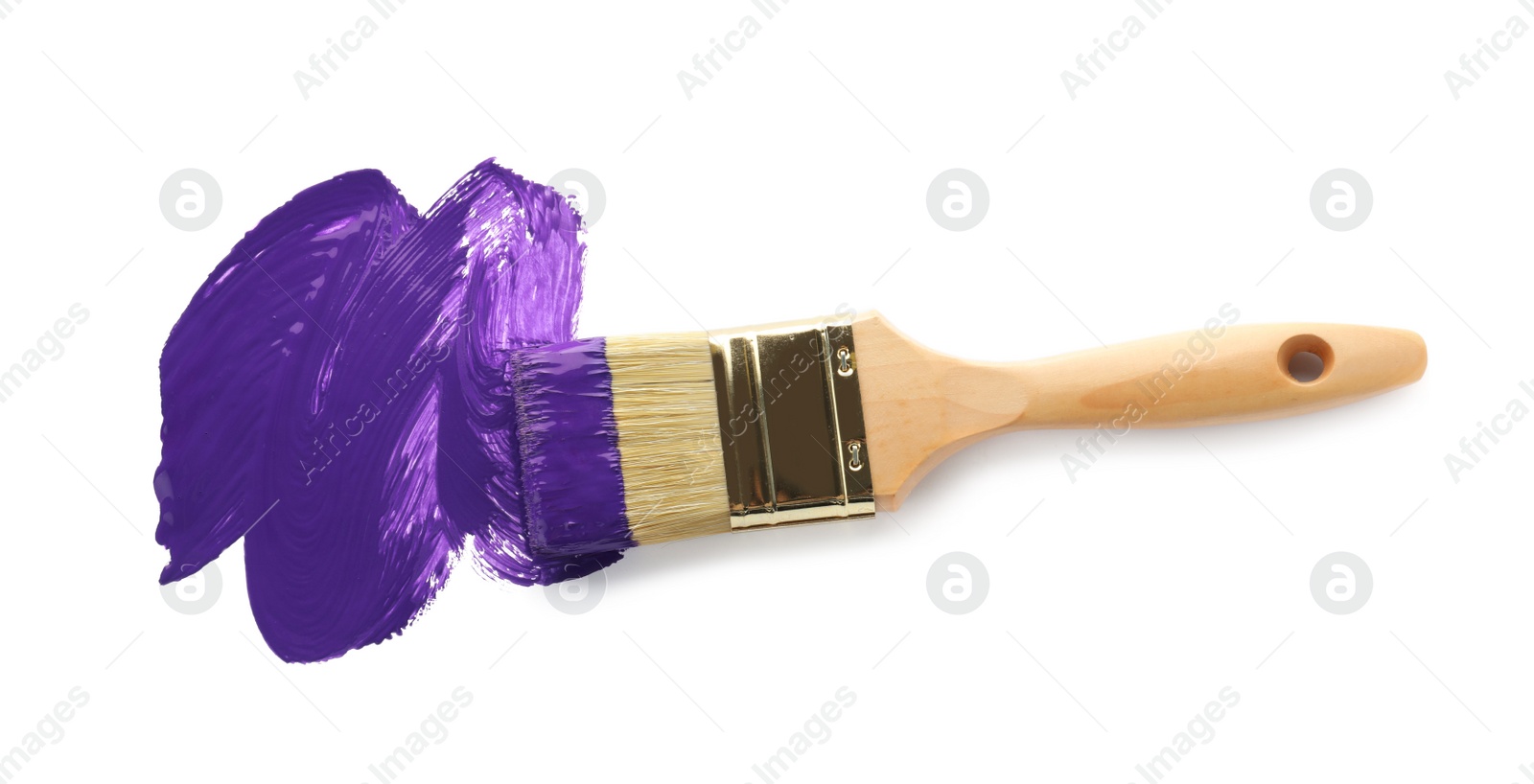Photo of Brush with purple paint on white background, top view