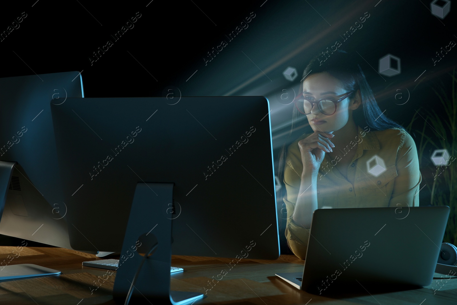 Image of Speed internet. Concentrated woman working with computer at table. Motion blur effect symbolizing fast connection