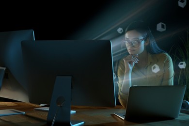 Image of Speed internet. Concentrated woman working with computer at table. Motion blur effect symbolizing fast connection