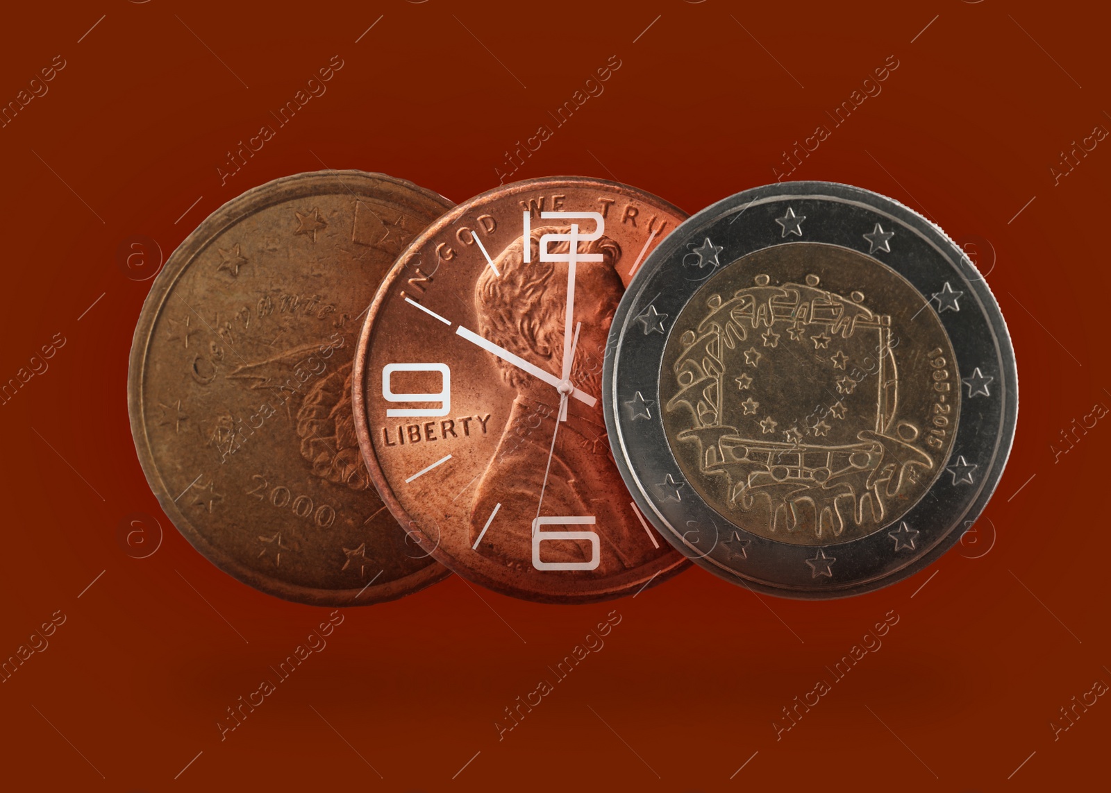 Image of Time is money. Coins and illustration of clock on dark red background